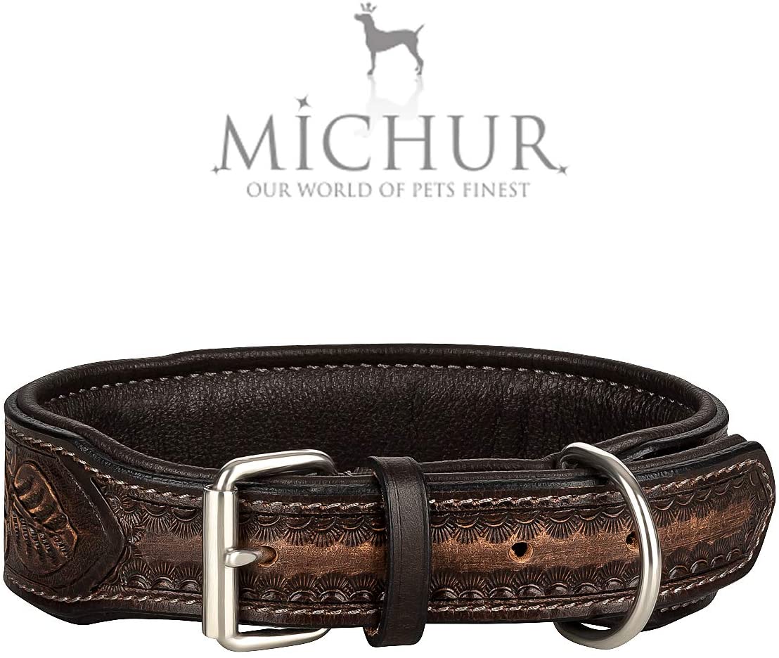  MICHUR Antonio Collar de Perro de Cuero, Collar de Cuero para Perros, Collar, MARRÓN, Cuero, con Piedras Azules y Azules, Disponible en Varios tamaños, Collar Cuero 