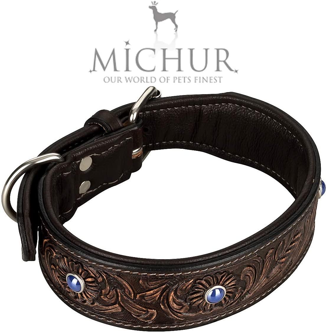  MICHUR Antonio Collar de Perro de Cuero, Collar de Cuero para Perros, Collar, MARRÓN, Cuero, con Piedras Azules y Azules, Disponible en Varios tamaños, Collar Cuero 