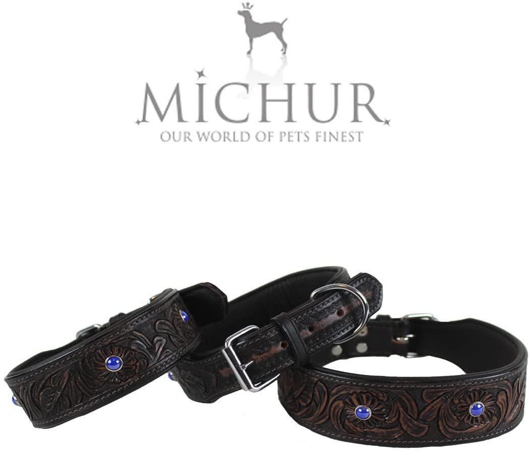  MICHUR Antonio Collar de Perro de Cuero, Collar de Cuero para Perros, Collar, MARRÓN, Cuero, con Piedras Azules y Azules, Disponible en Varios tamaños, Collar Cuero 