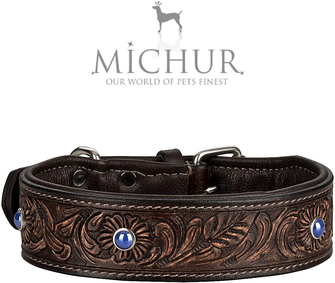  MICHUR Antonio Collar de Perro de Cuero, Collar de Cuero para Perros, Collar, MARRÓN, Cuero, con Piedras Azules y Azules, Disponible en Varios tamaños, Collar Cuero 