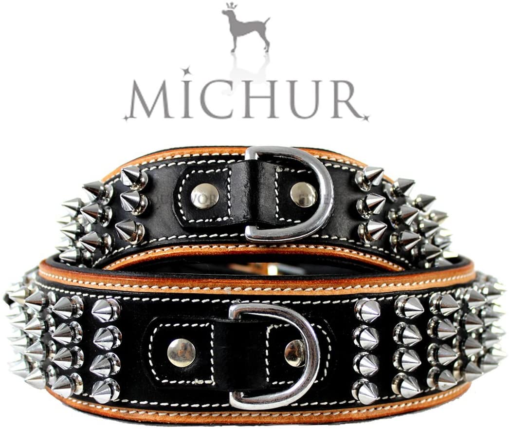  MICHUR Strike NO. 1 Collar de Perro en Cuero, Cuello, Collar para Perro en Cuero, Tachuelas, Collar Neck IN Leather, Beige Nero Largo, Disponible en Diferentes tamaños, Collar Cuero 