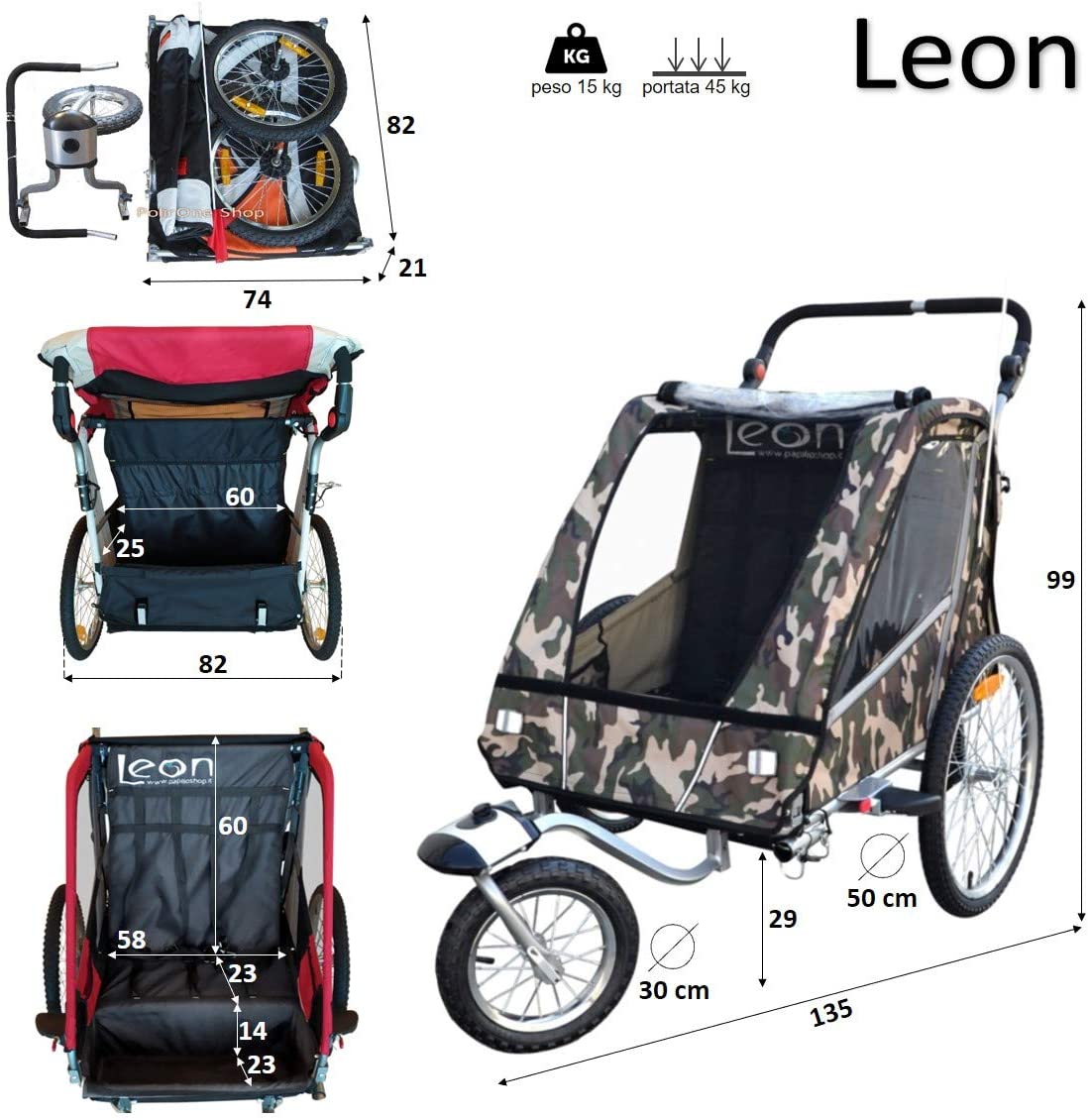  PAPILIOSHOP LEON Remorque à vélo poussette chariot pour 1 ou 2 entants 