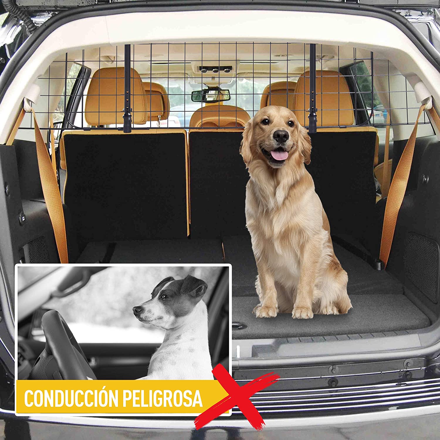  Pawhut Rejilla Separador Perro Coche Extensible Universal Reja de Seguridad Barrera para Perro y Maletas Mascota 91-145x30cm Acero 