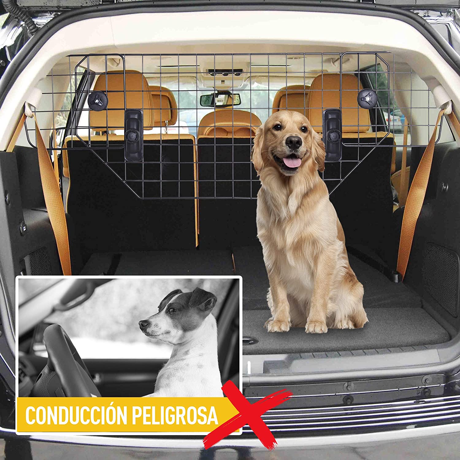  Pawhut Rejilla Separador Perro Coche Extensible Universal Reja de Seguridad Barrera para Perro y Maletas Mascota Apoyo para Cabeza 89-122x41cm Acero 