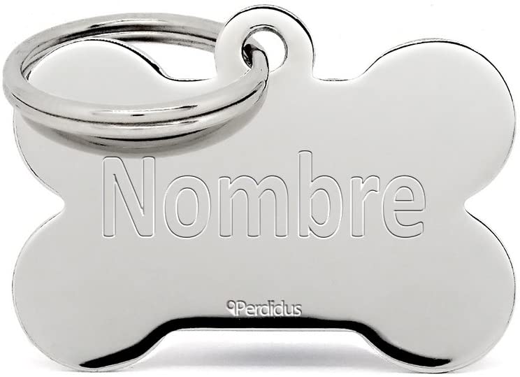  PERDIDUS Placa Identificativa para Perros y Gatos con Forma Hueso | Grabado del Nombre y Teléfono Incluido | (Plata) (32 mm) 