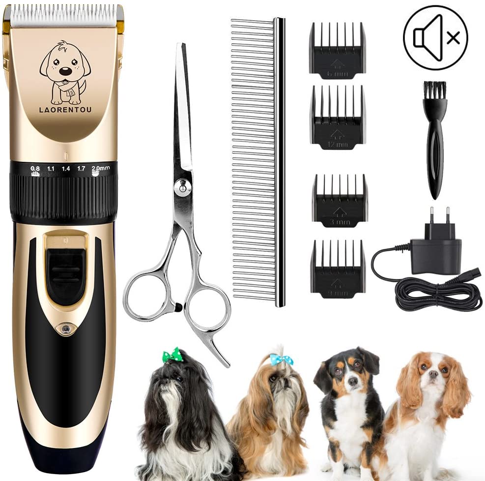  Perro máquinas de cortar pelo, eléctrico gato perro esquiladora recortador Kit con 4 peine/Tijeras/acero inoxidable pelo peine, inalámbrica mascotas Cortapelos para animales con Silencioso 