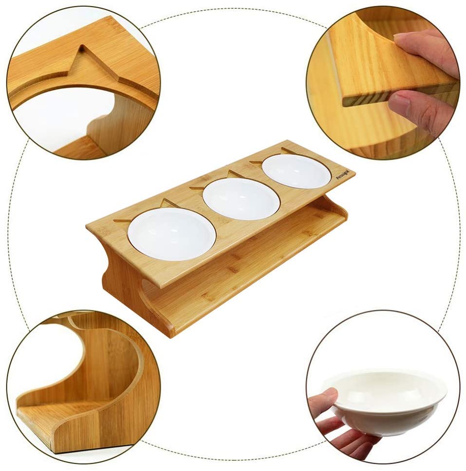  Petsoigné Cuenco para Gatos Perros Elevado Comedero Gato Perro en Cerámica/Acero Inoxidable con Soporte de Madera (3 Cuencos, Cerámica) 