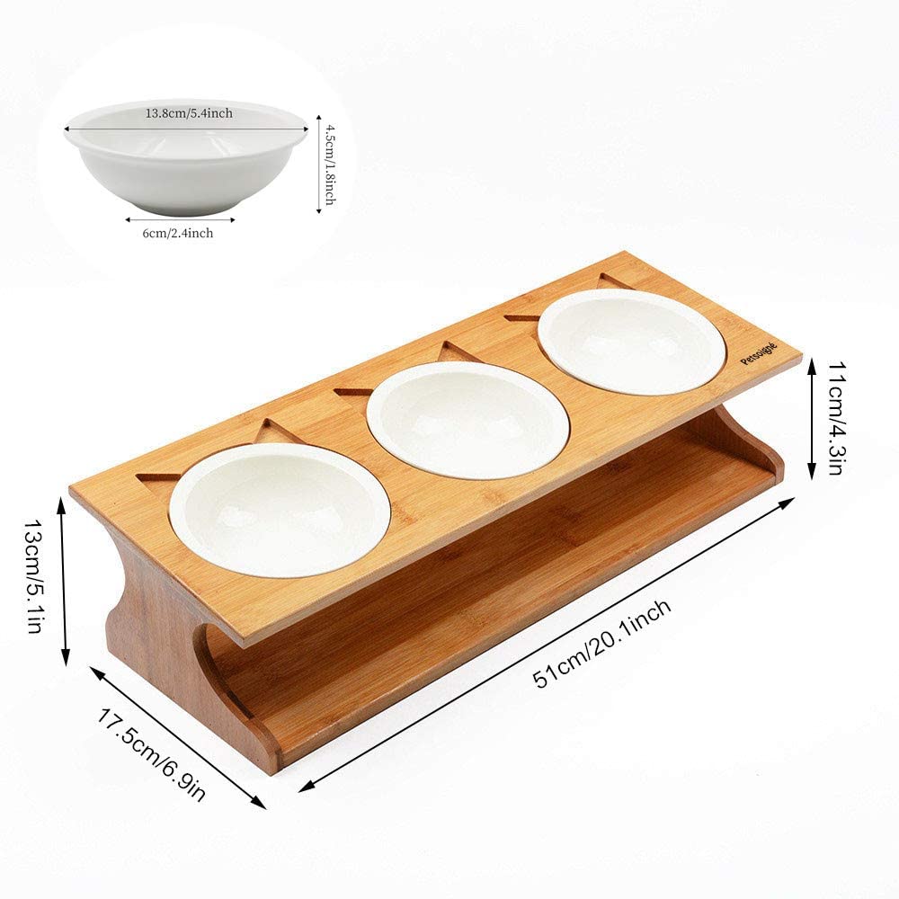  Petsoigné Cuenco para Gatos Perros Elevado Comedero Gato Perro en Cerámica/Acero Inoxidable con Soporte de Madera (3 Cuencos, Cerámica) 