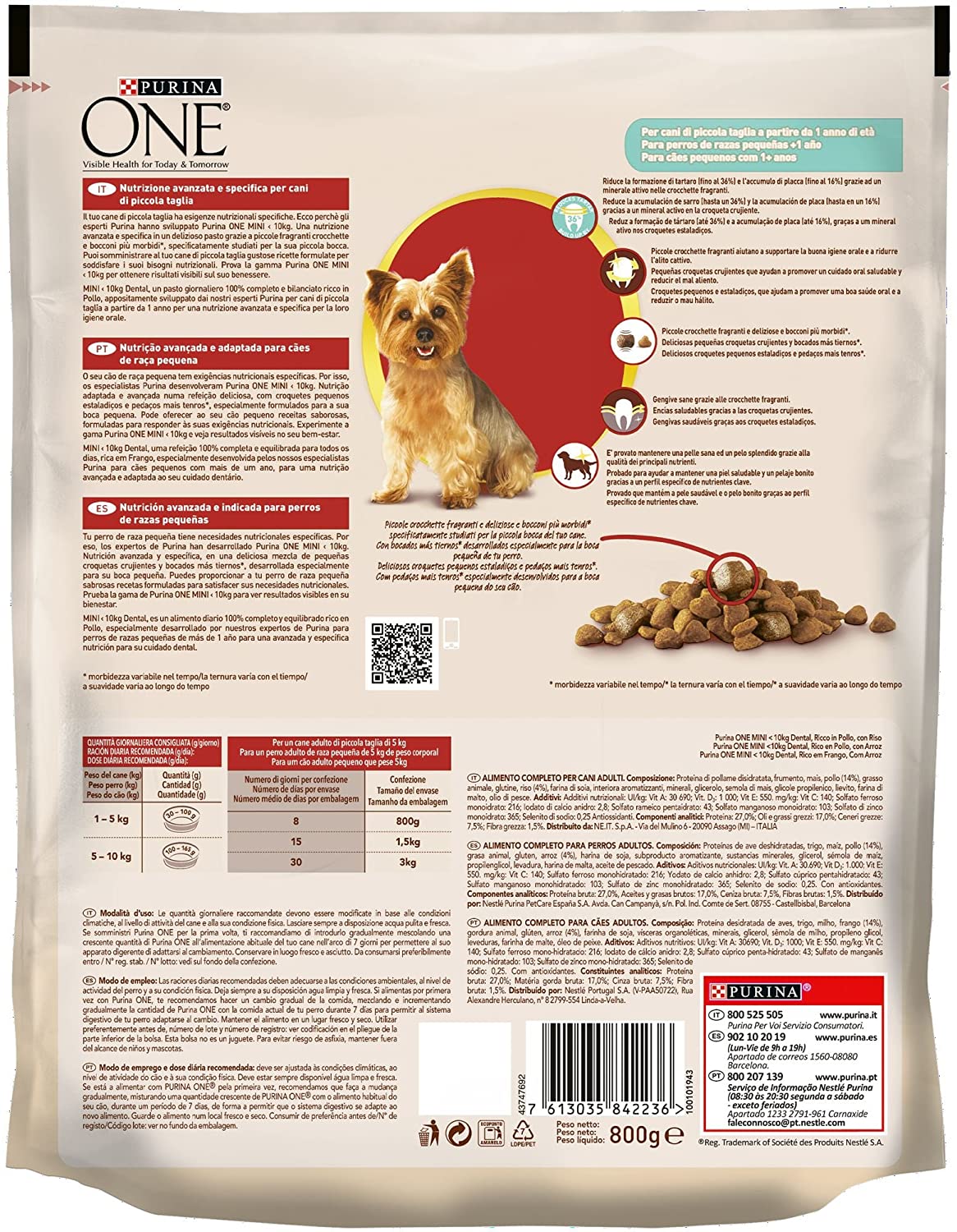  PURINA ONE Mini Dental Pienso para Perro Adulto Pollo y Arroz 8 x 800 g 