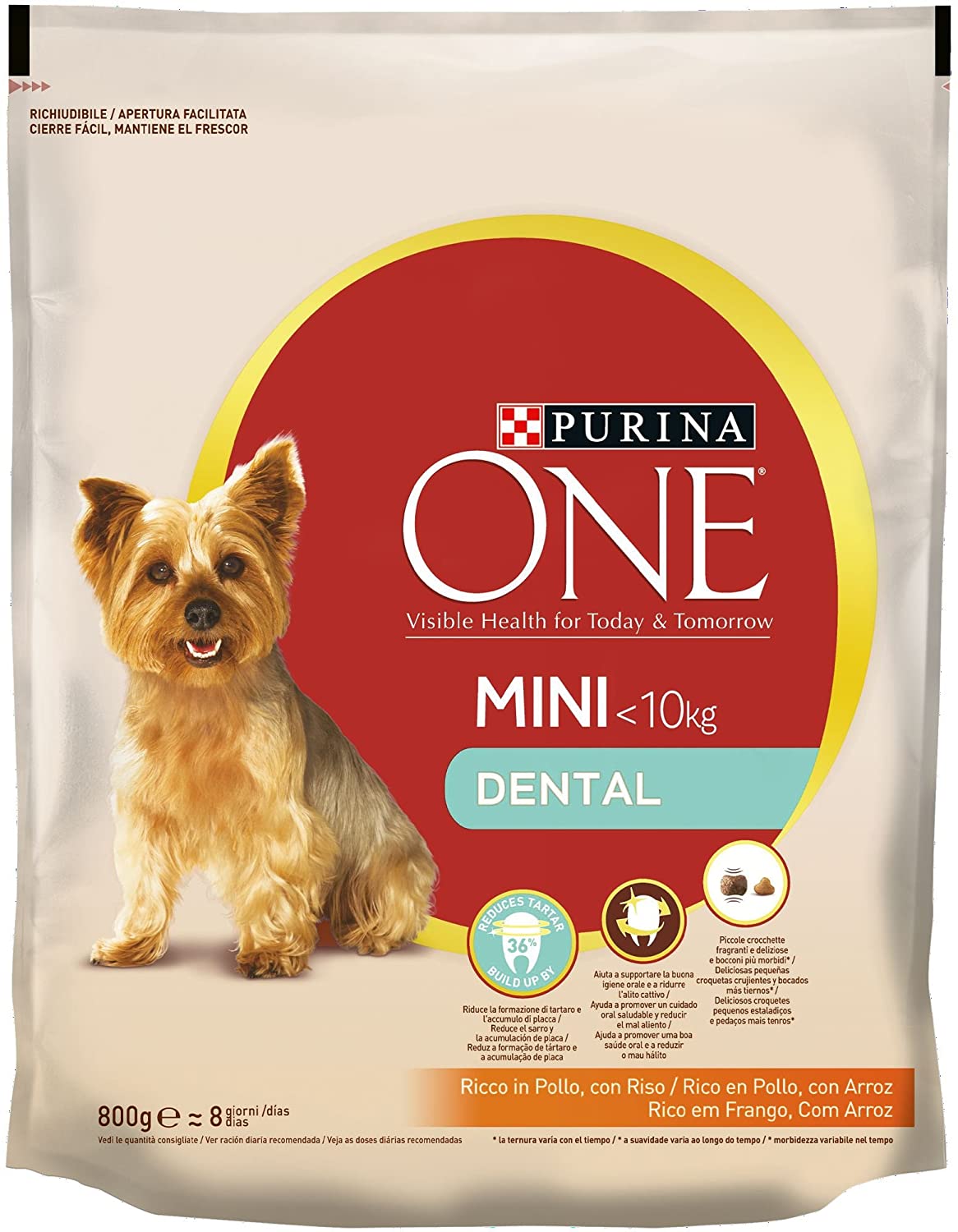  PURINA ONE Mini Dental Pienso para Perro Adulto Pollo y Arroz 8 x 800 g 