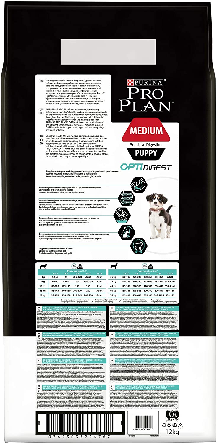  Purina ProPlan Medium Puppy Digest pienso para perro cachorro Cordero 12 Kg 