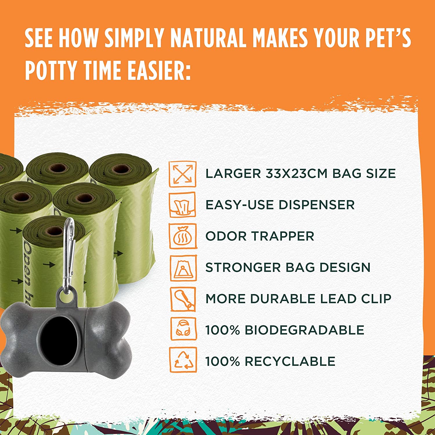  Simply Natural Pack de 120 Bolsas para Excrementos de Perro con Dispensador Bolsas para excrementos de Perro 100% Extra Gruesas y Biodegradables con Dispensador y Clip de Plomo Duradero 