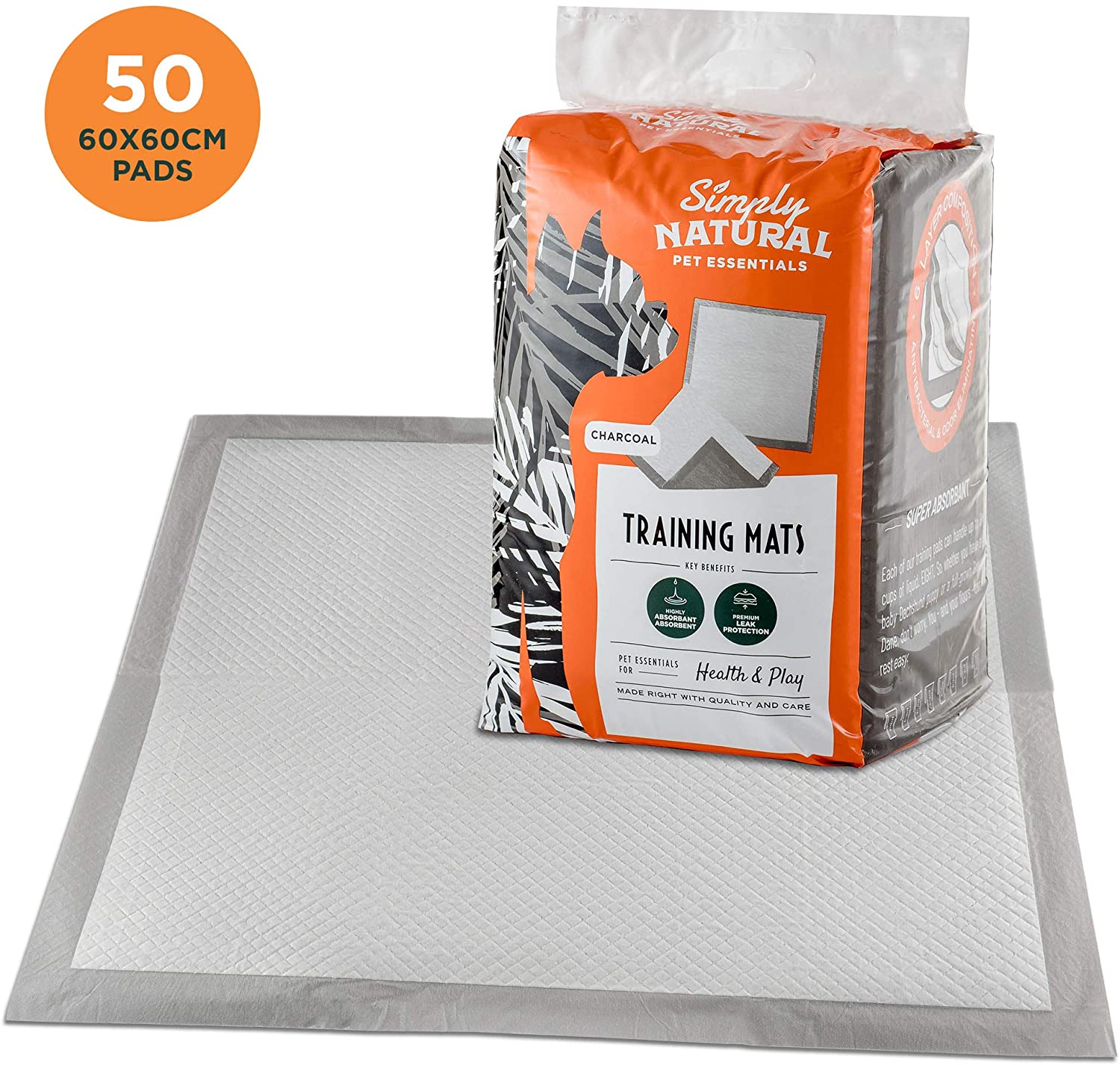  Simply Natural Pack de 50 Almohadillas de Entrenamiento 50 Almohadillas de Entrenamiento para Cachorros Súper Absorbentes de 60x60cm Que Absorben hasta 2 litros de Líquido 