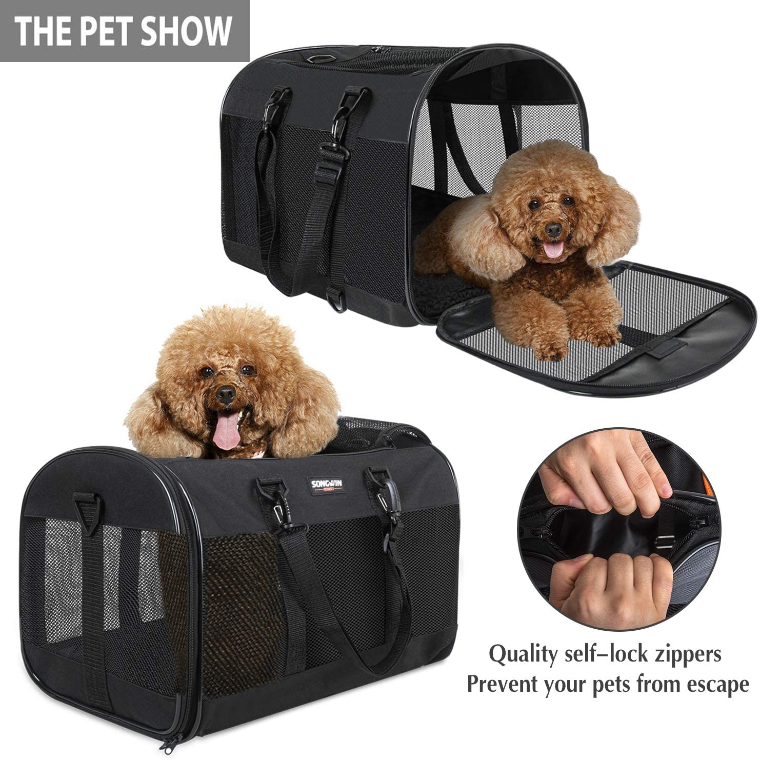  Songwin Trasportin Gato Grande Trasportines Perro Bolsa de Tela Transporte para Gato y Animales Viaje Bolso para Coche （negro,L） 