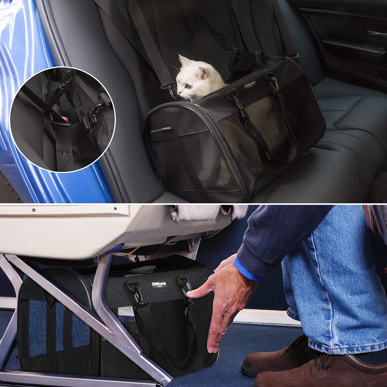  Songwin Trasportin Gato Grande Trasportines Perro Bolsa de Tela Transporte para Gato y Animales Viaje Bolso para Coche （negro,L） 