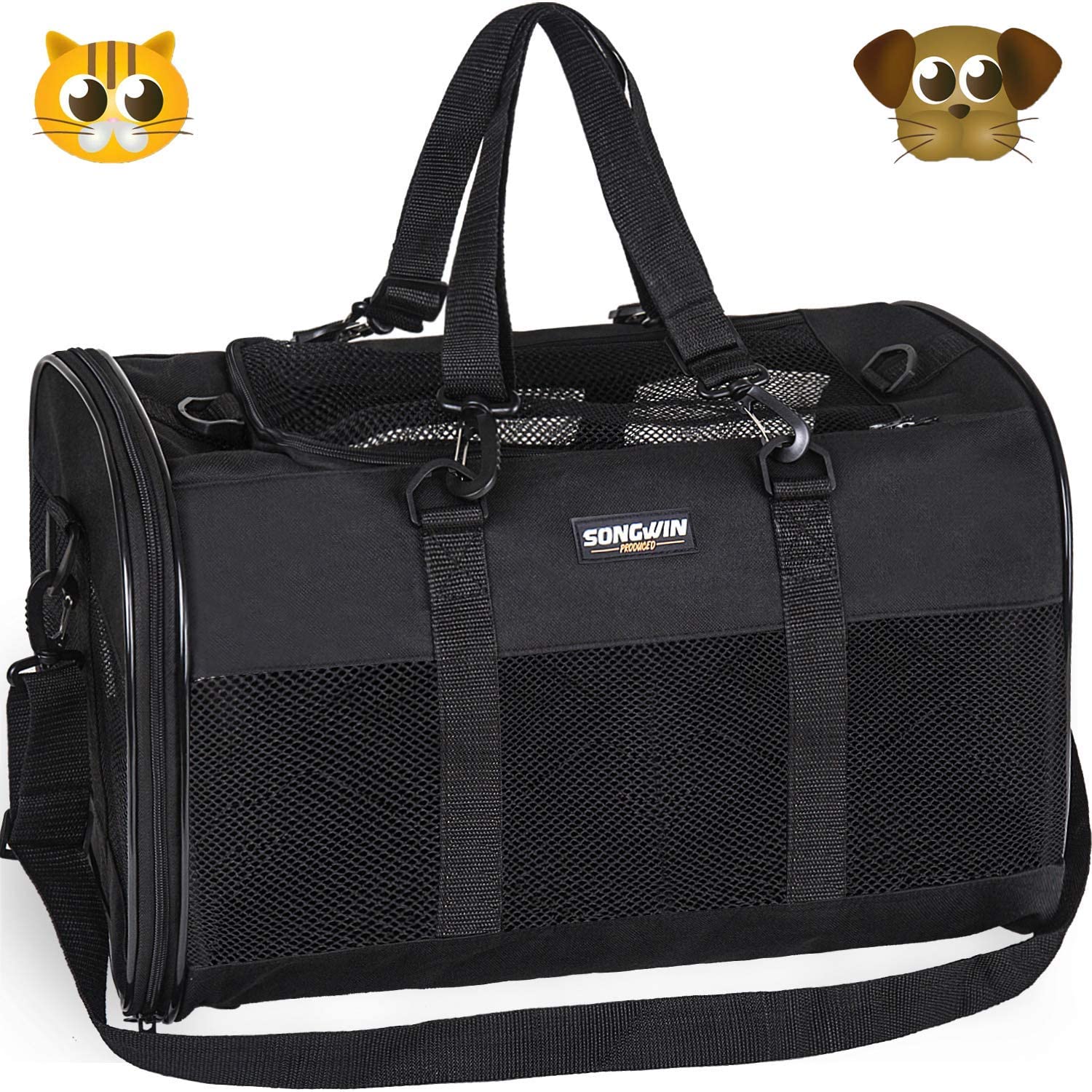  Songwin Trasportin Gato Grande Trasportines Perro Bolsa de Tela Transporte para Gato y Animales Viaje Bolso para Coche （negro,L） 