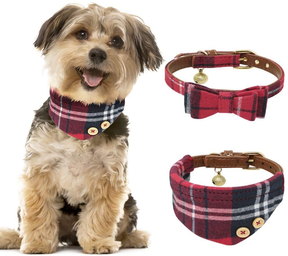  Tacobear 2 Pieza Collar Perro Pequeño Collares para Perros Cuero Collares para Gato Ajustable Perrito Collar Pañuelo Rojo Corbata para Perro pequeño, Cachorro, Gato, Mascota 