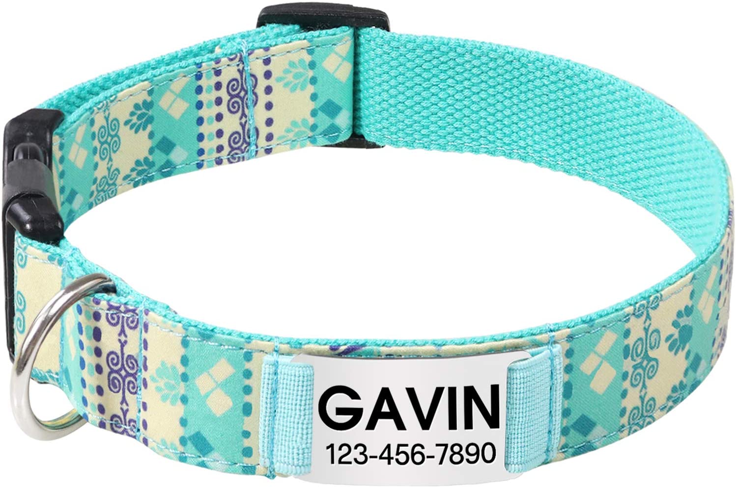  Vcalabashor Collar de Perro Personalizado, Placa de Acero Inoxidable grabada con Nombre y Número de Teléfono del Perro,Turquesa Pequeño 