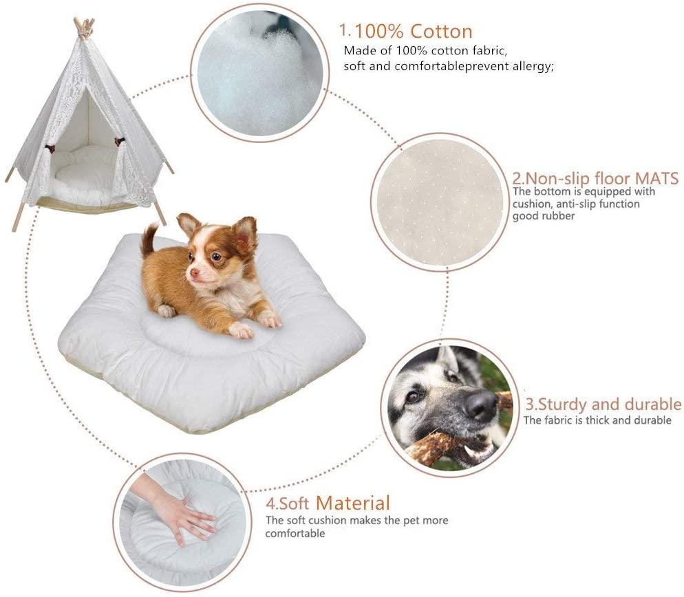  Zhuotop - Tienda de campaña para mascotas con encaje. Cama para perros y gatos, tipi, extraíble, lavable, casa de juegos con cojín 