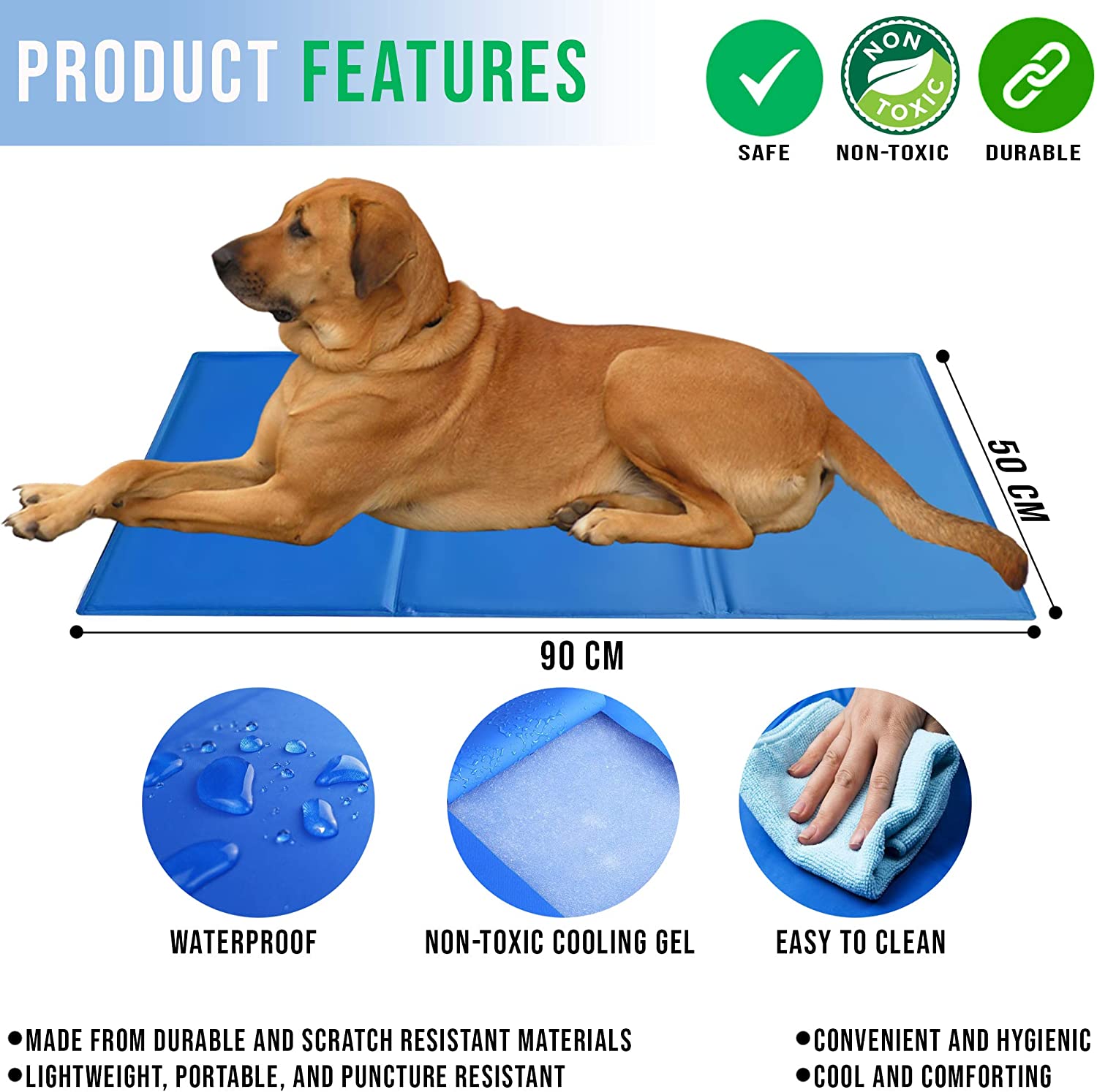  Alfombrilla Refrigeracion del Perro, Grande 90x50cm - Cama Manta Refrescante para Mascotas Perros Gatos Verano - Impermeable, Ligero & Resistente a la Punción - Auto-Enfriamiento Almohadilla de Gel 