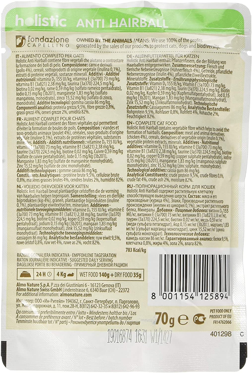  Almo Nature - Bolsita práctica con alimento antibolas de pelo para gato, con pollo, 30 x 70 g 