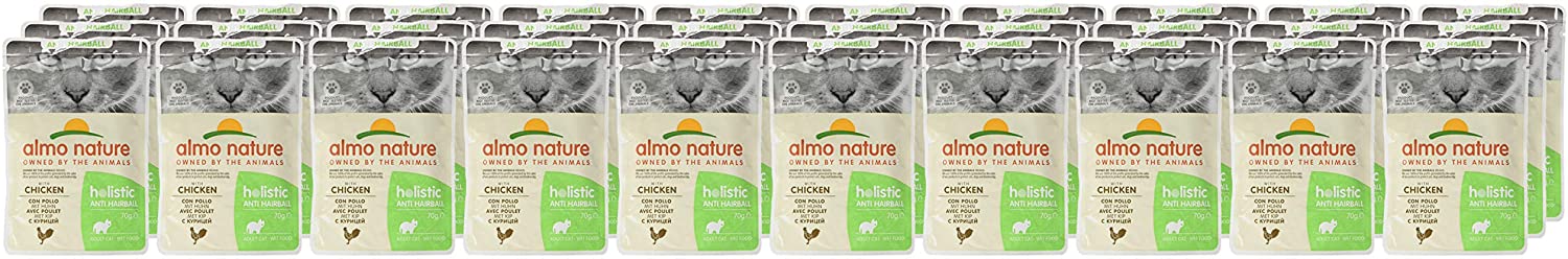  Almo Nature - Bolsita práctica con alimento antibolas de pelo para gato, con pollo, 30 x 70 g 