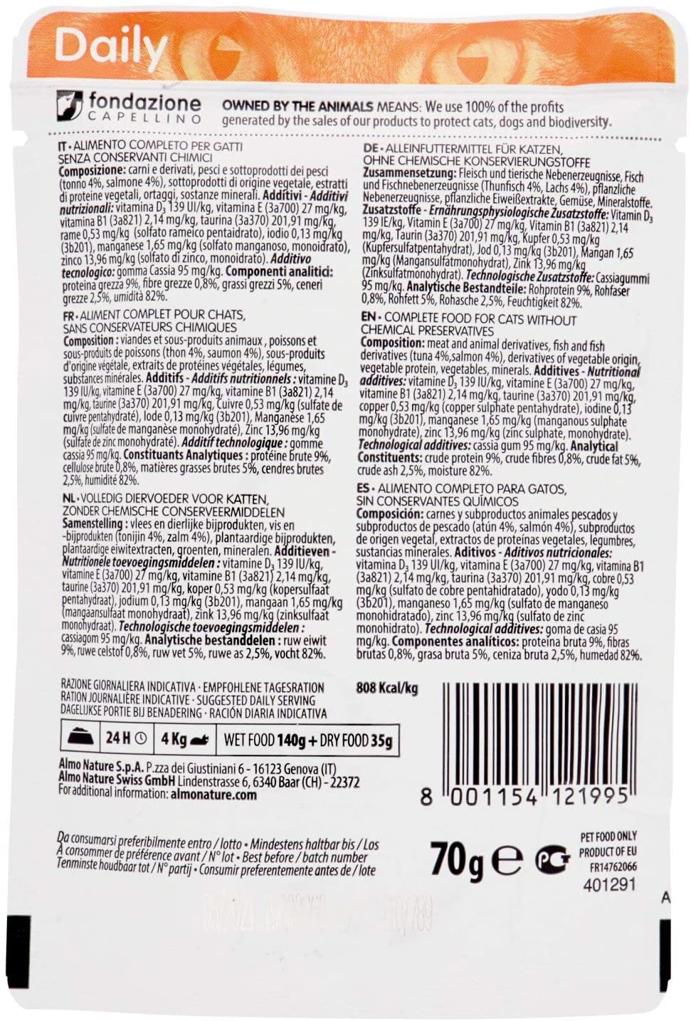  almo nature - Comida Diaria para Gatos con túnel y salmón, 70 g, 30 Unidades 