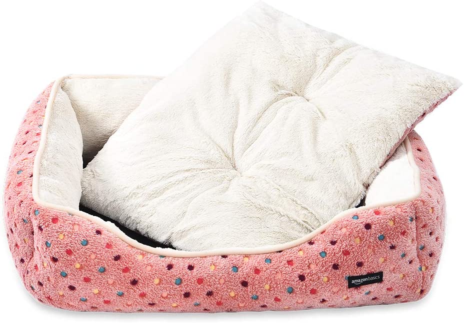  AmazonBasics Cama para mascotas, pequeña, de color rosa con lunares 