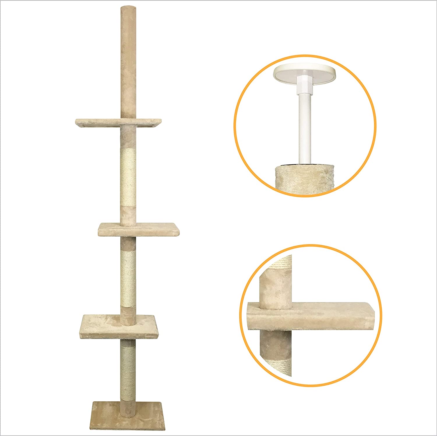  Árbol Rascador para Gatos de 240cm-288cm, Rascador de Suelo a Techo para Gatos, Poste Escalador de Sisal Natural, Árbol para Gatos Extensible, Arbol Rascador de Actividades con, Color Beige 