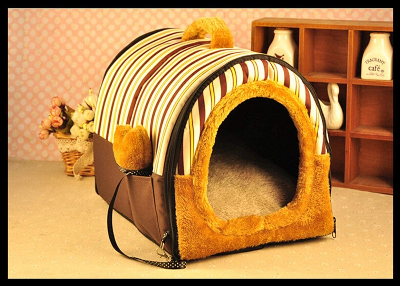  AYWJ Casa para Mascotas 2-en-1 Y Sofá Portátil, Camas Antideslizantes para Gatos Igloo para Perros Regalo Encantador Y Encantador para La Casa De Mascotas Rayas para Café 