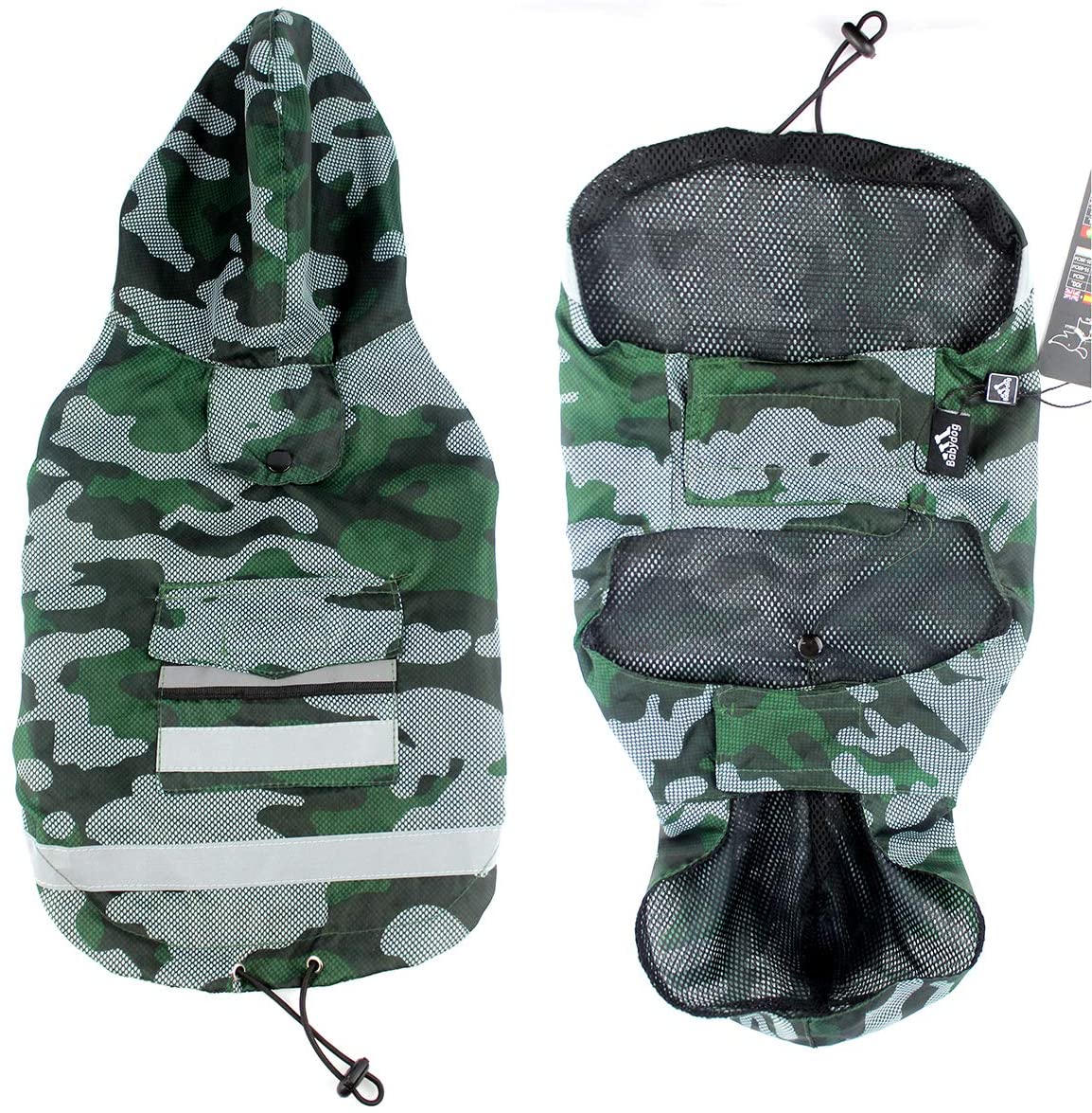  Babydog Abrigo Chaleco Impermeable para Perro con Capucha, Forro Transpirable y Sin Mangas, Cierre Velcro, Bolsillo Espalda, Modelo Camuflaje Militar (S, Verde) 