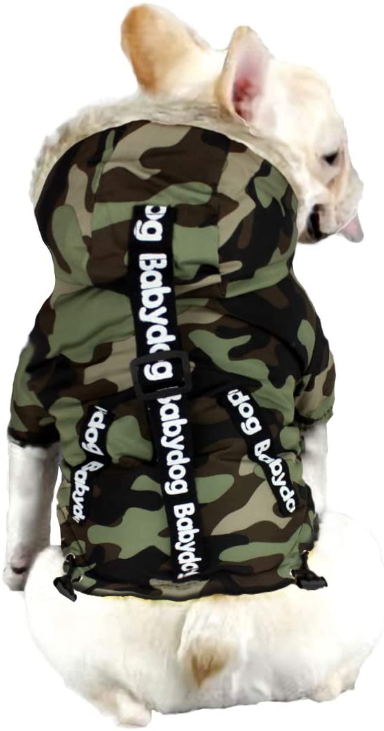  Babydog Abrigo Chaleco para Perro con Capucha, Forro Polar y Mangas, Cierre Corchetes, Modelo Camuflaje Militar (L, Verde) 