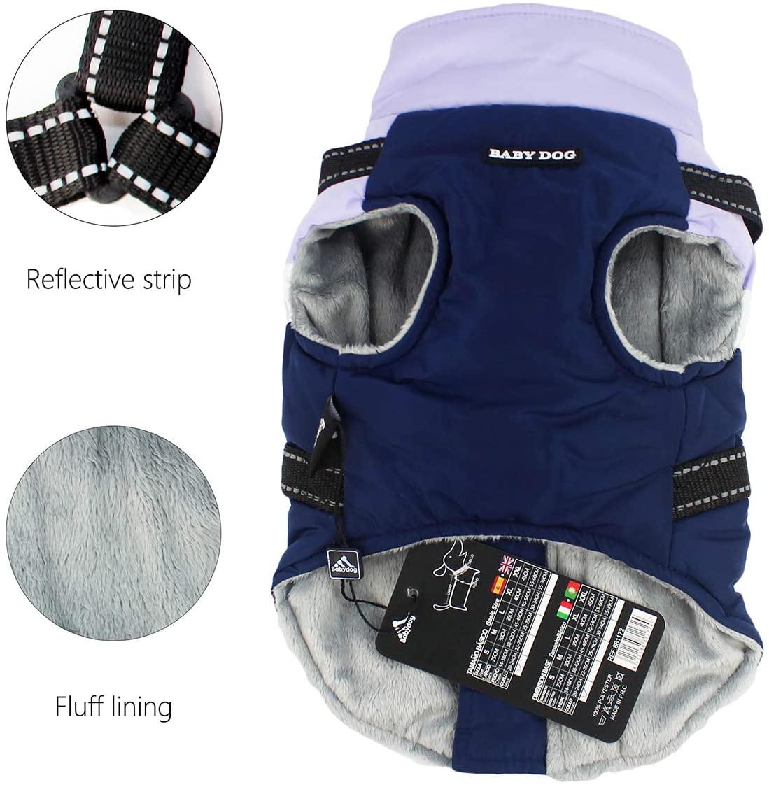  BabyDog Abrigo Chaleco para Perro con Forro Polar, Arnés con Anilla, Cremallera Impermeable y Costuras Reflectantes (L, 881172 Azul Oscuro 1) 