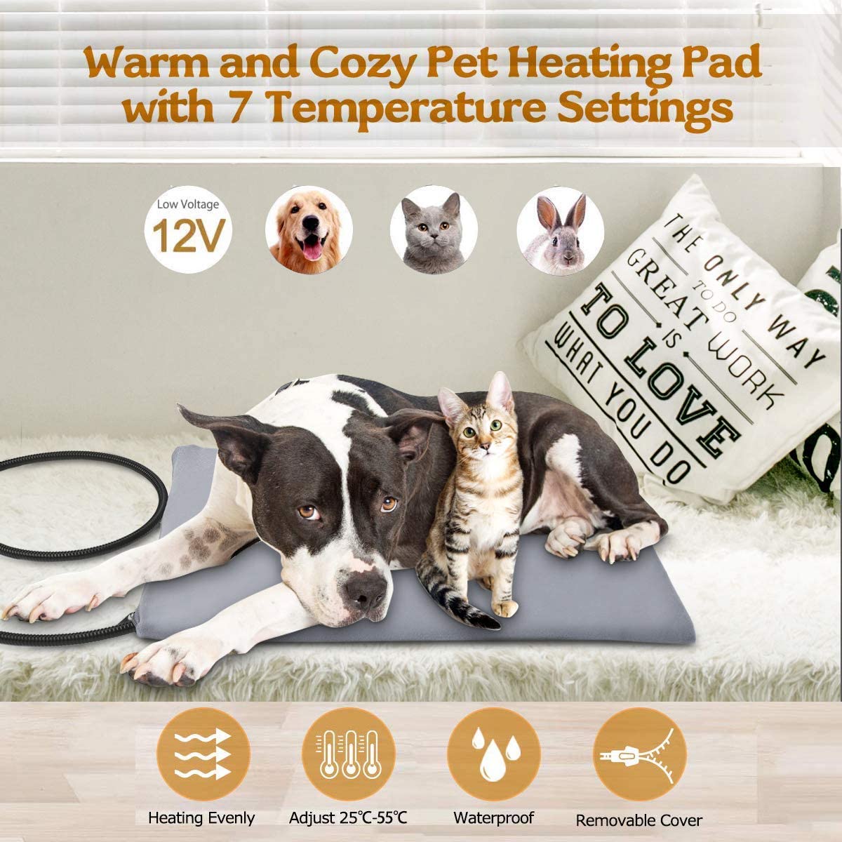  BACKTURE Manta Eléctrica para Perros y Gatos, Almohadilla Térmica Mascotas Temperatura 7 Niveles con Calefacción Constante Inteligente, Cojín De Calentamiento con 2 Cubiertas (65 * 40cm) 