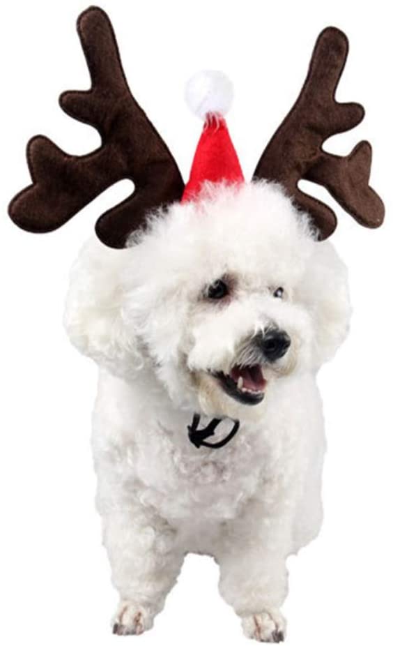  BESTOYARD Diadema Cuernos para Mascota Reno Cuernos Ciervo Disfraz Perro Decoracion Navidad con Mini Gorro de Navidad 