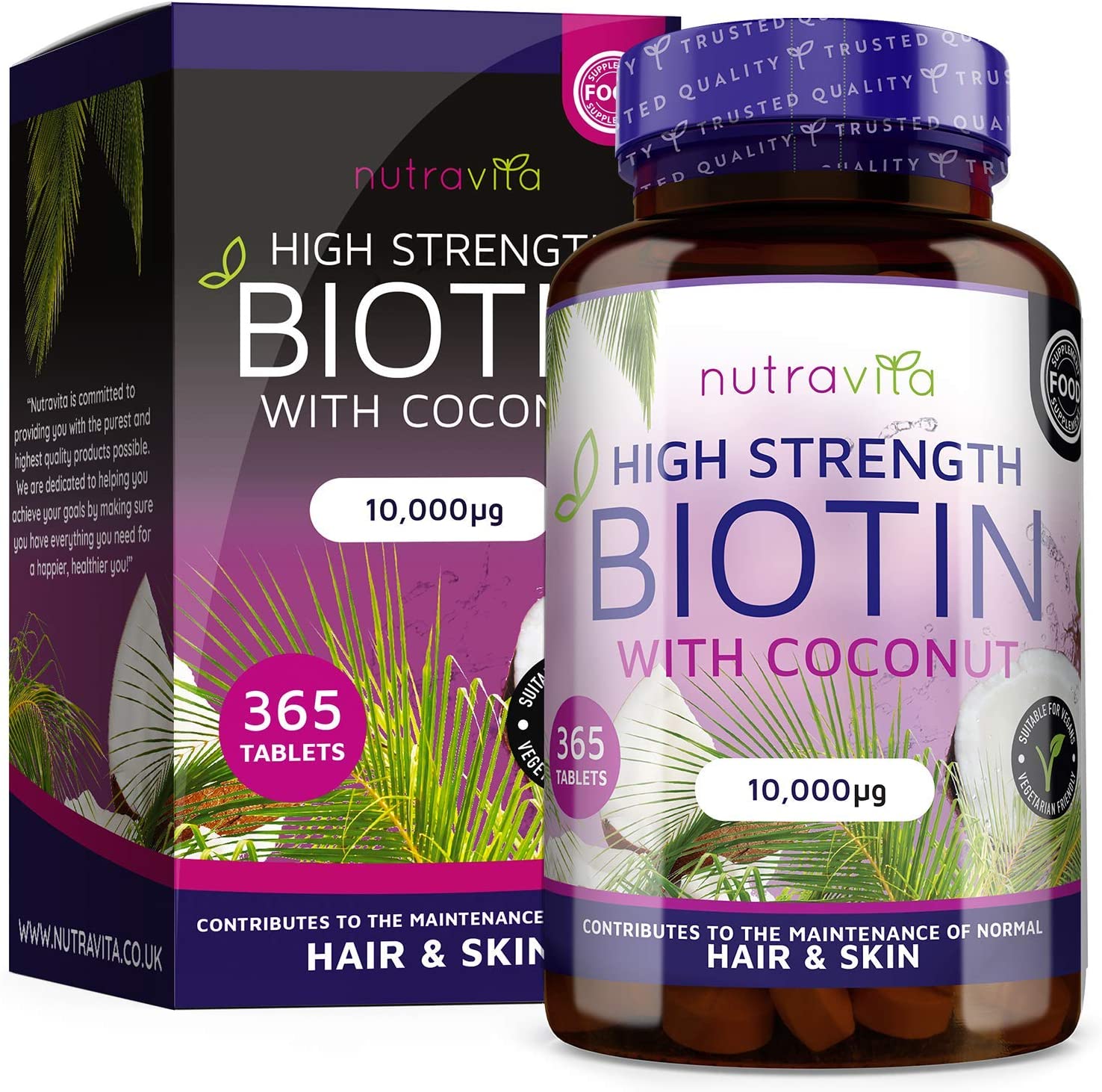  Biotina con Aceite de Coco - Biotina 10000 mcg para Crecimiento del Cabello y uñas - Vitamina B7 para un mejor resultado - 365 Tabletas (Suministro para 1 año) - Hecho en el Reido Unido por Nutravita 