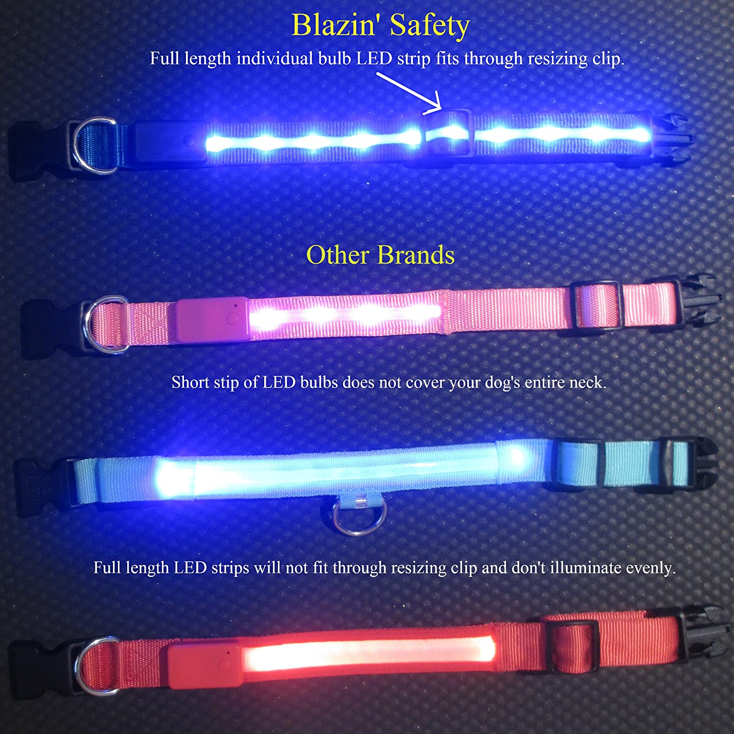  Blazin' Bison Seguridad LED Collar de perro - USB recargable con luz violeta medio intermitente resistente al agua 