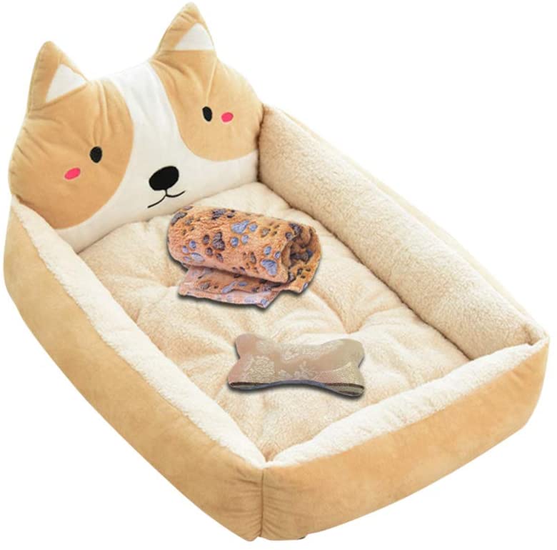  Cama de Perrera Dibujos Animados Almohada Rectángulo para Mascotas Cómodo Mascota Gato y Perro Cama Beige Set S 