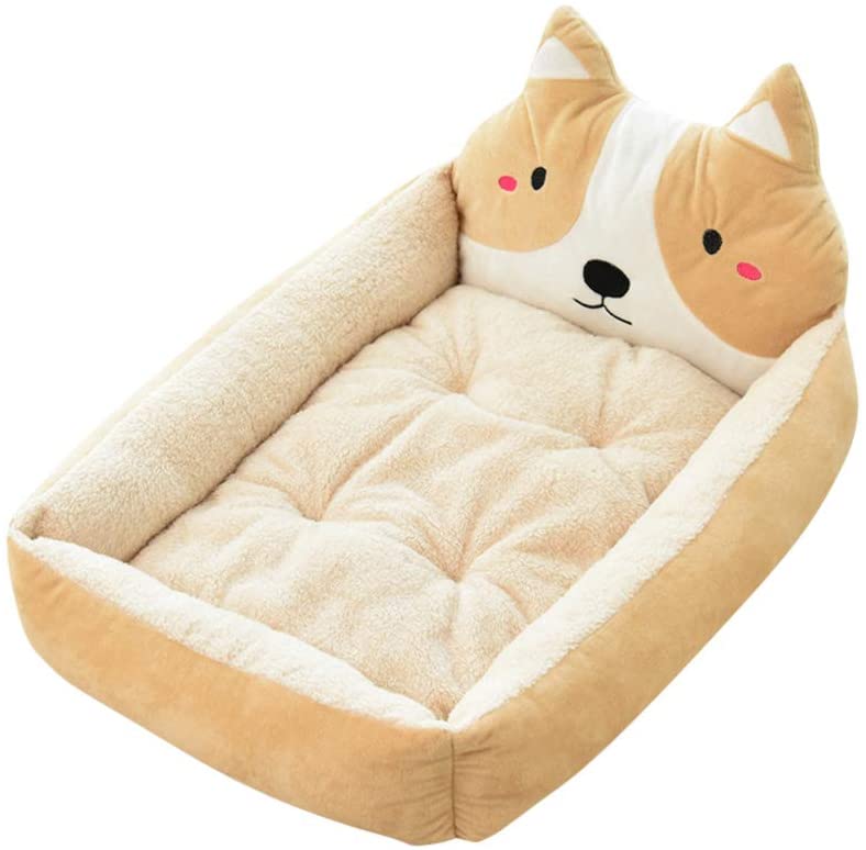  Cama de Perrera Dibujos Animados Almohada Rectángulo para Mascotas Cómodo Mascota Gato y Perro Cama Beige Set S 