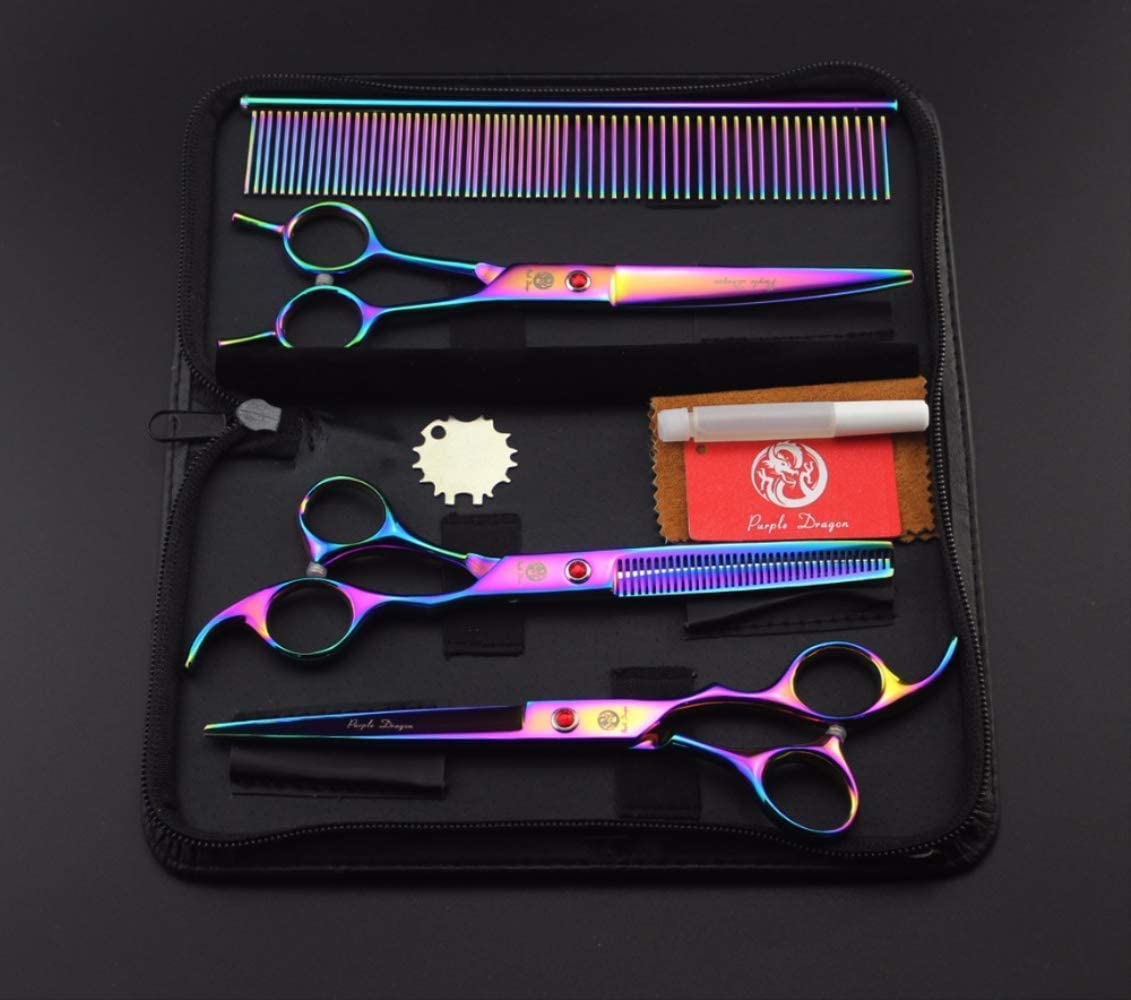  Camara de Fotos para Niños Tijeras De Aseo Set 7 Pulgadas Japón 440c Tijeras para Perros Corte De Cabello Tijeras Curvas Adelgazantes con Bolsa De Peine Negro P-703 