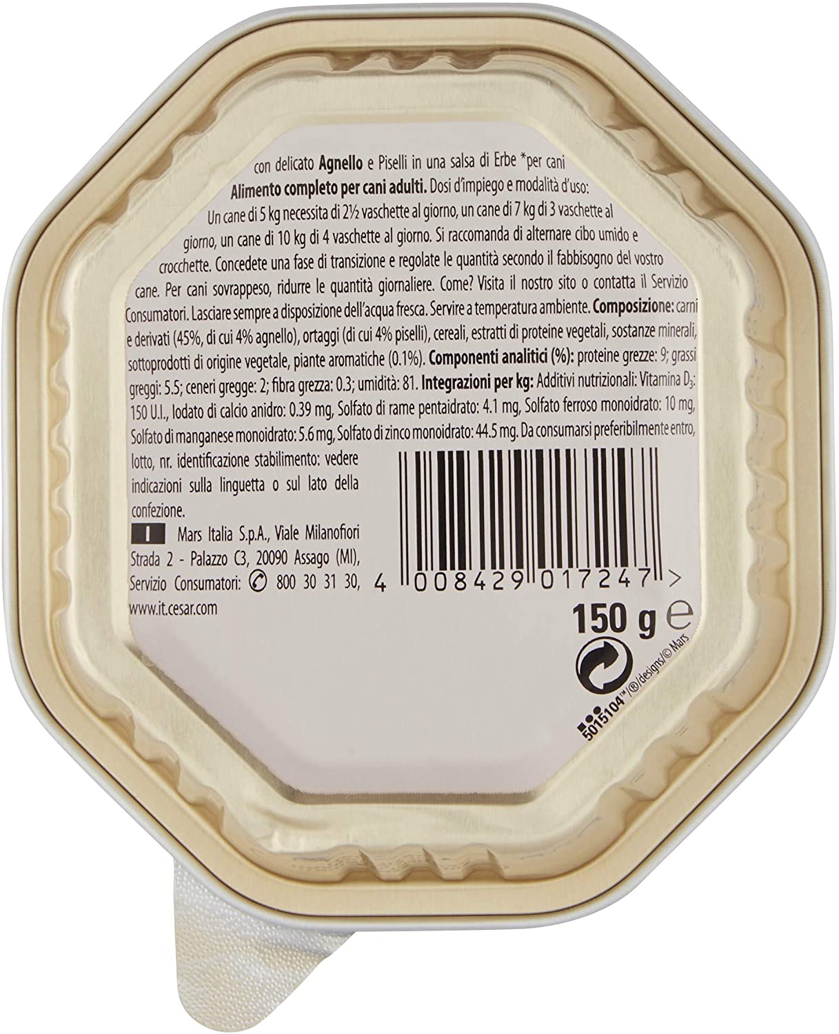  Cesar Recetas de Campo con Delicado Cordero y Guisantes en una Salsa de Hierbas 150 G – Comida para Perros – Pack de 14 Unidades 