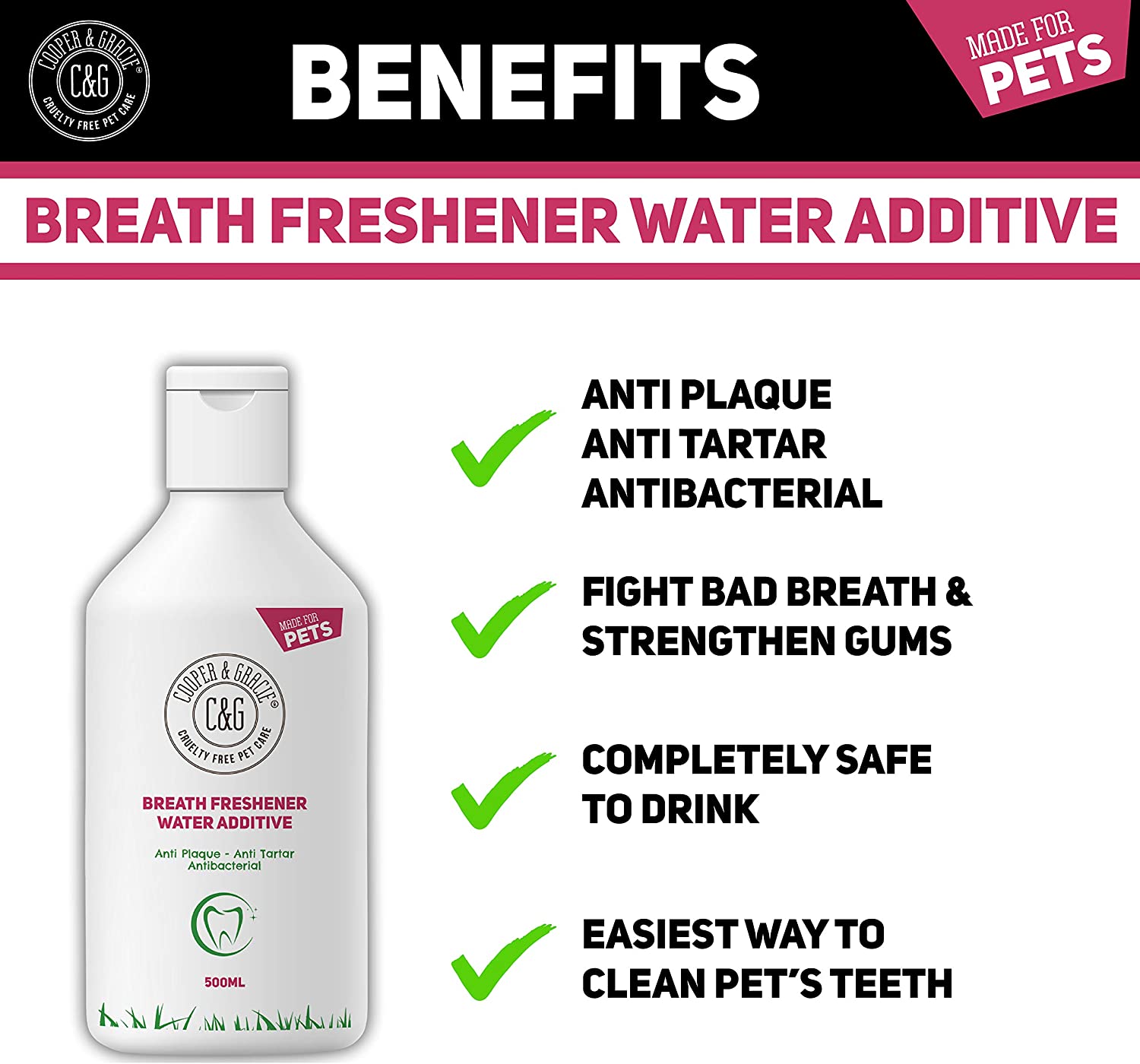  C&G Pets | REFRESCANTE DE Aliento ADITIVO DE Agua 500ML | 100% Natural | Anti Placa Anti TÁRTARO | Elimina EL Mal Olor | Enjuague BUCAL DE Olor Fresco | Mejor para EL Perro Y EL Gato 