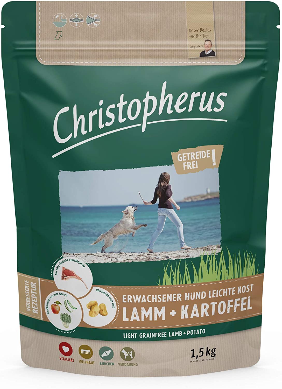  Christopherus Light Grainfree, alimento Completo para Perros Adultos con sobrepeso o Poca Actividad, alimento seco, Cordero + Patatas, tamaño de la Cadena de cocodrilo Aprox. 1 cm. Perro desgarrado. 