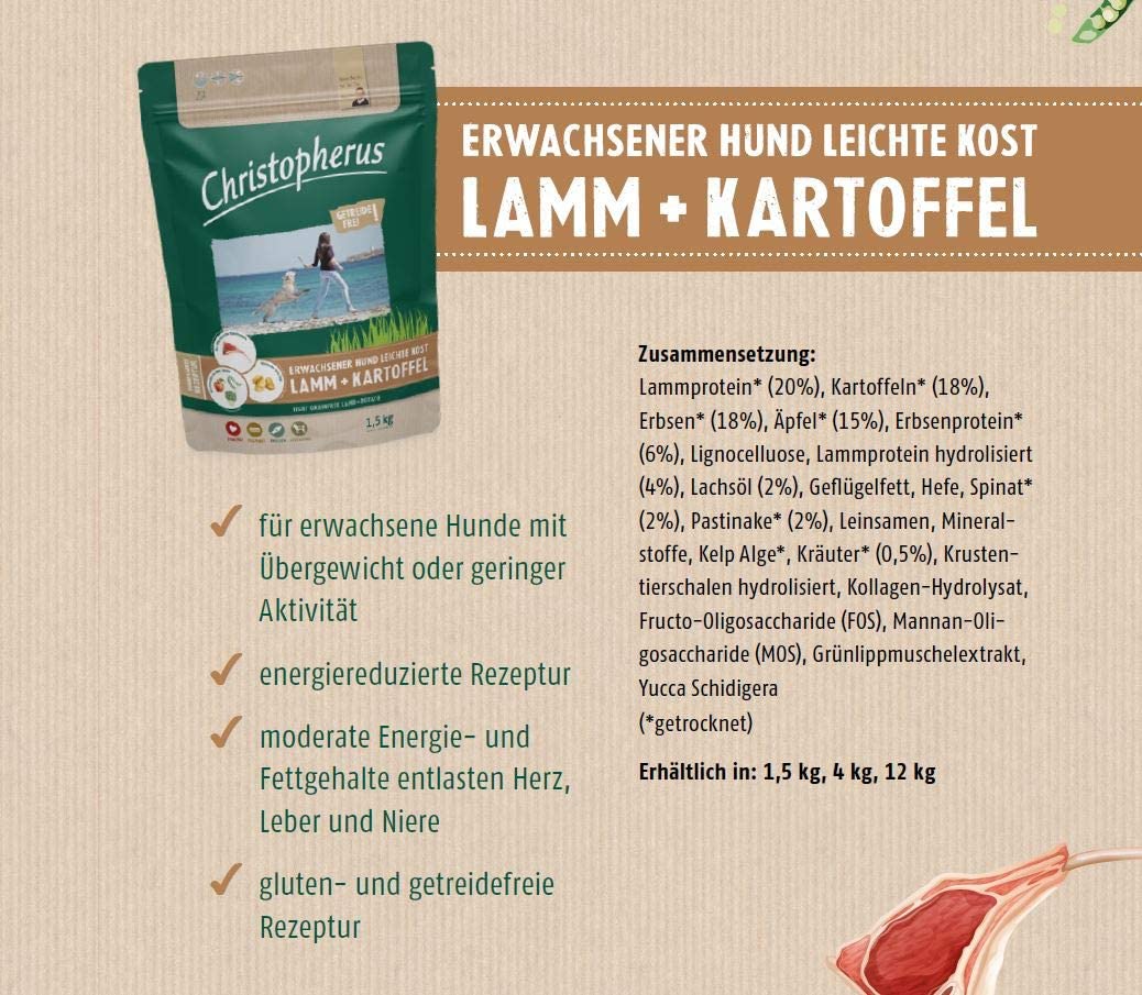  Christopherus Light Grainfree, alimento Completo para Perros Adultos con sobrepeso o Poca Actividad, alimento seco, Cordero + Patatas, tamaño de la Cadena de cocodrilo Aprox. 1 cm. Perro desgarrado. 