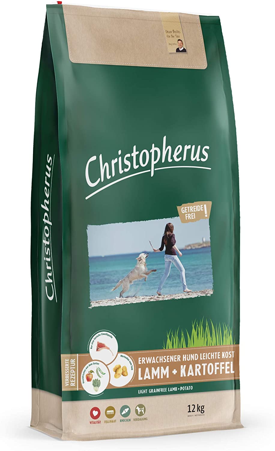  Christopherus Light Grainfree, alimento Completo para Perros Adultos con sobrepeso o Poca Actividad, alimento seco, Cordero + Patatas, tamaño de la Cadena de cocodrilo Aprox. 1 cm. Perro desgarrado. 