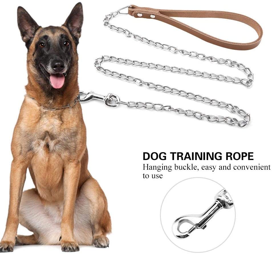  Correa de Metal para Perros, Correa de Cadena para Perros de Alta Resistencia Cuerda de Entrenamiento para Perros Correa de Plomo con Mango de PU para Perros Grandes, medianos, pequeños(Marrón) 