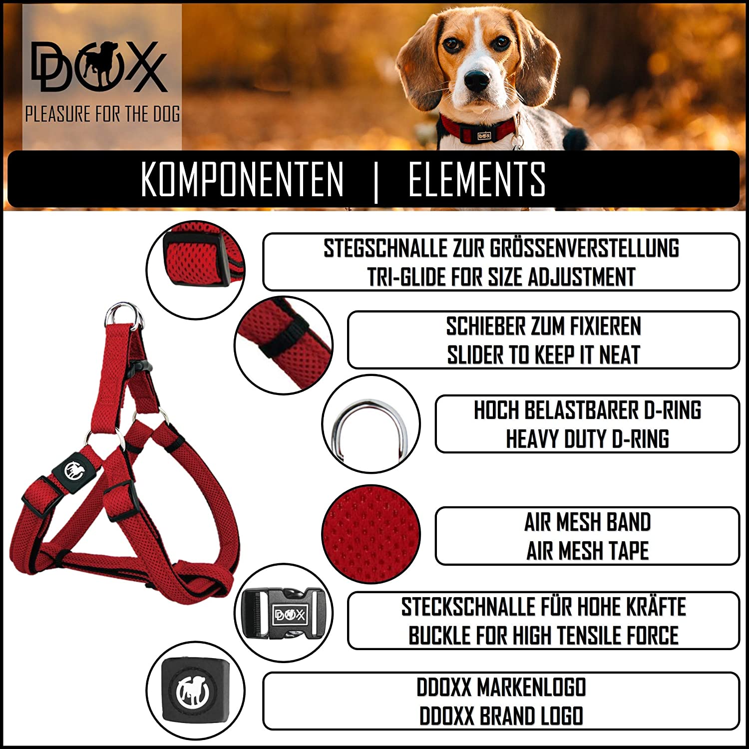  DDOXX Arnés Perro Step-In Air Mesh, Ajustable, Acolchado | Diferentes Colores & Tamaños | para Perros Pequeño, Mediano y Grande | Accesorios Gato Cachorro | Rojo, XS 