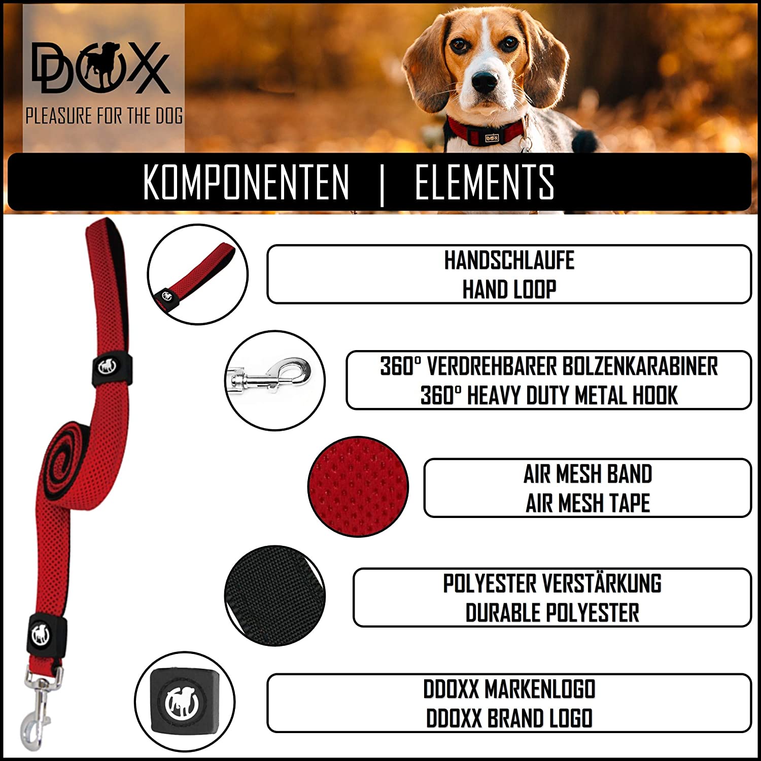  DDOXX Correa Perro Air Mesh, Acolchado, Lazo de Mano, 120 cm | Diferentes Colores & Tamaños | para Perros Pequeño, Mediano y Grande | Accesorios Gato Cachorro | Negro, XS 