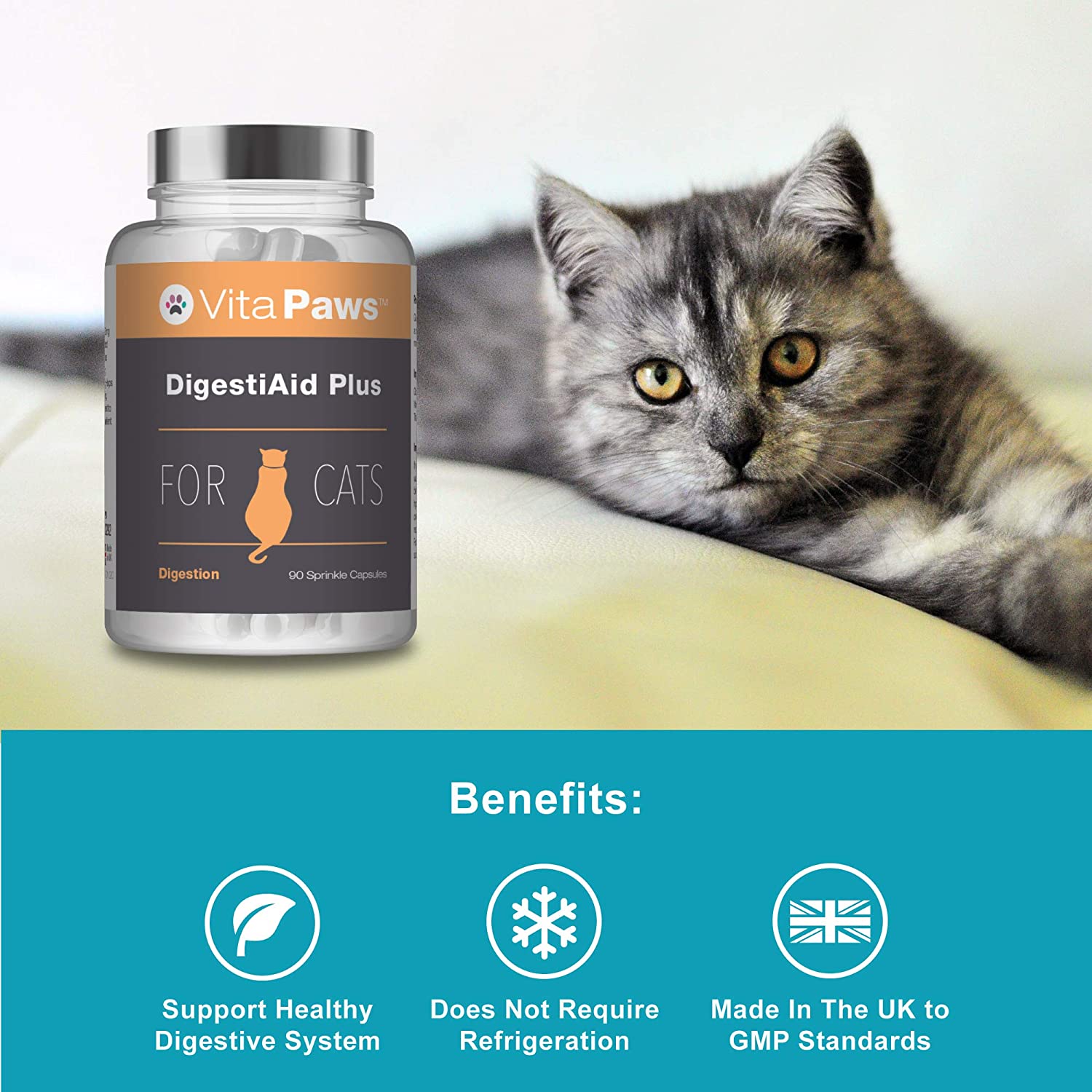  DigestiAid Plus para Gatos - ¡Bote para 3 meses! - 90 Cápsulas - VitaPaws 