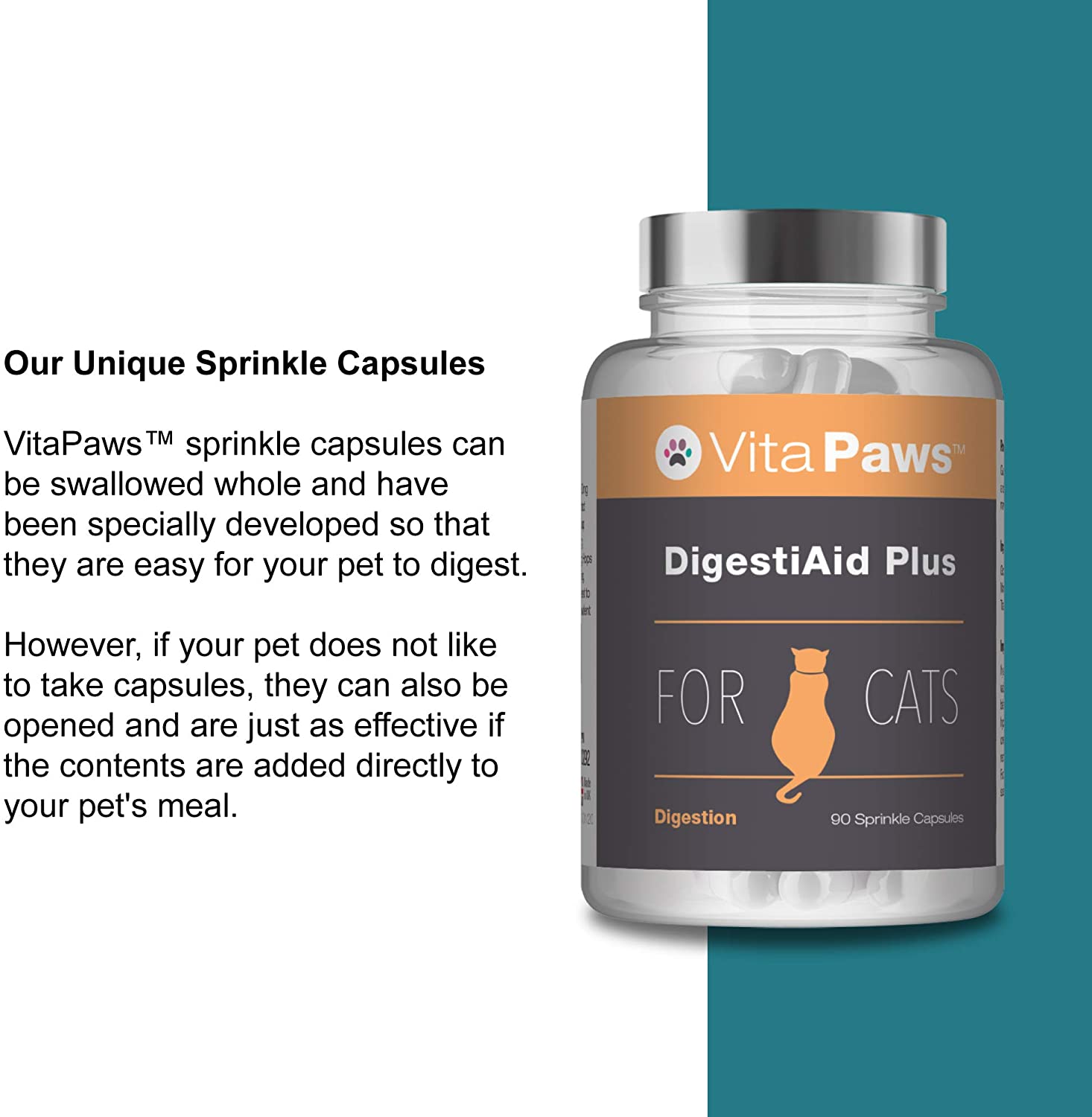  DigestiAid Plus para Gatos - ¡Bote para 3 meses! - 90 Cápsulas - VitaPaws 